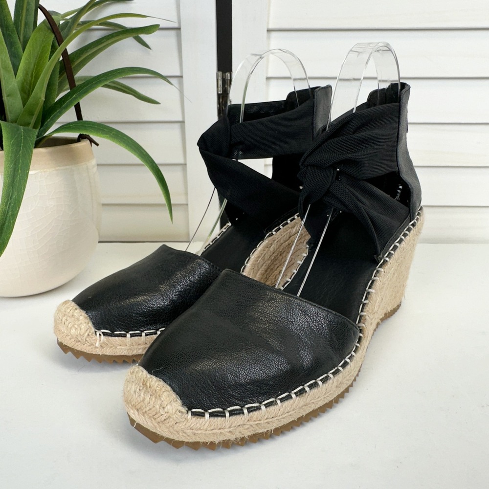 Eileen Fisher Black Wallis Espadrille Wedge Sandals Ankle Wrap Zip Shoe Size 9.5